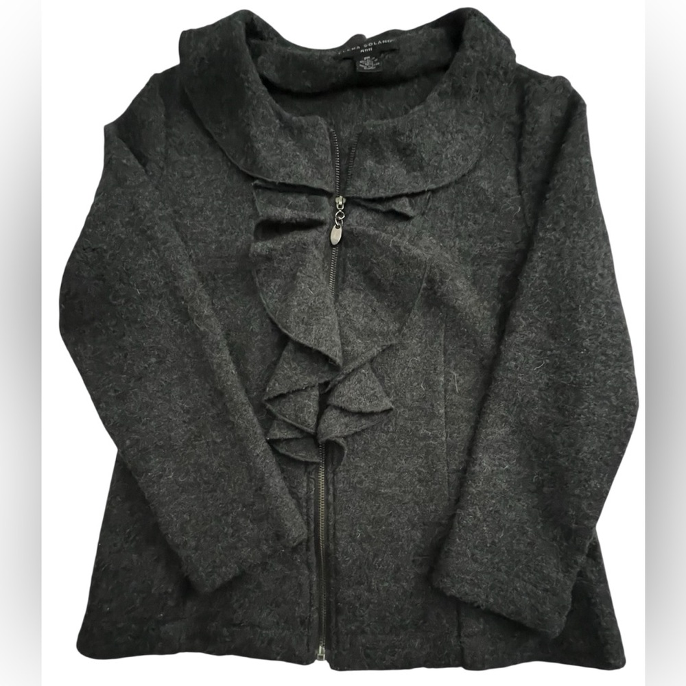 Elena Solano Wool Charcoal Black Ruffle Blazer Jacket, Size PM